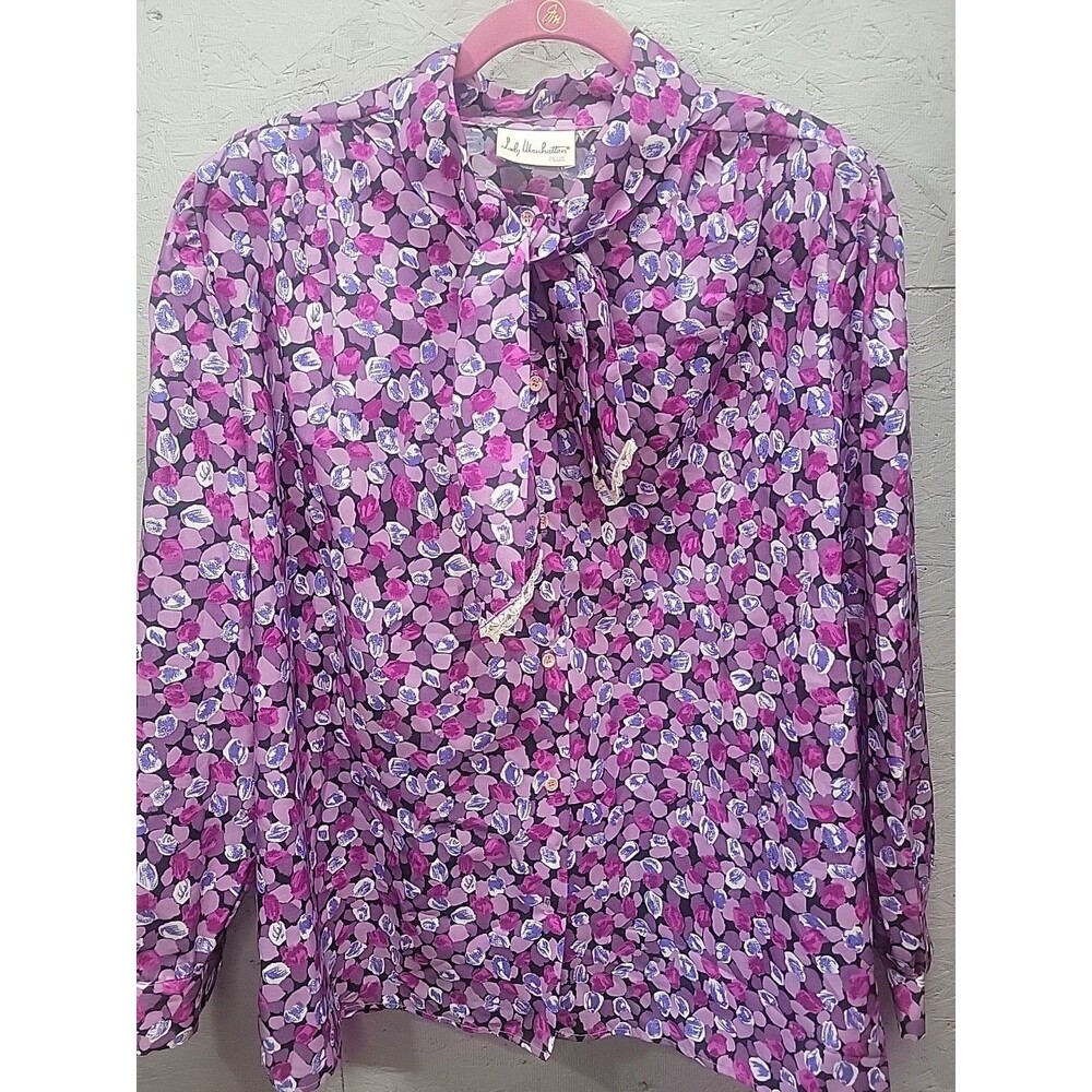 Lady Manhattan vtg 80s Floral Blouse Tie Neck Long Sleeve Button Down Top 3X